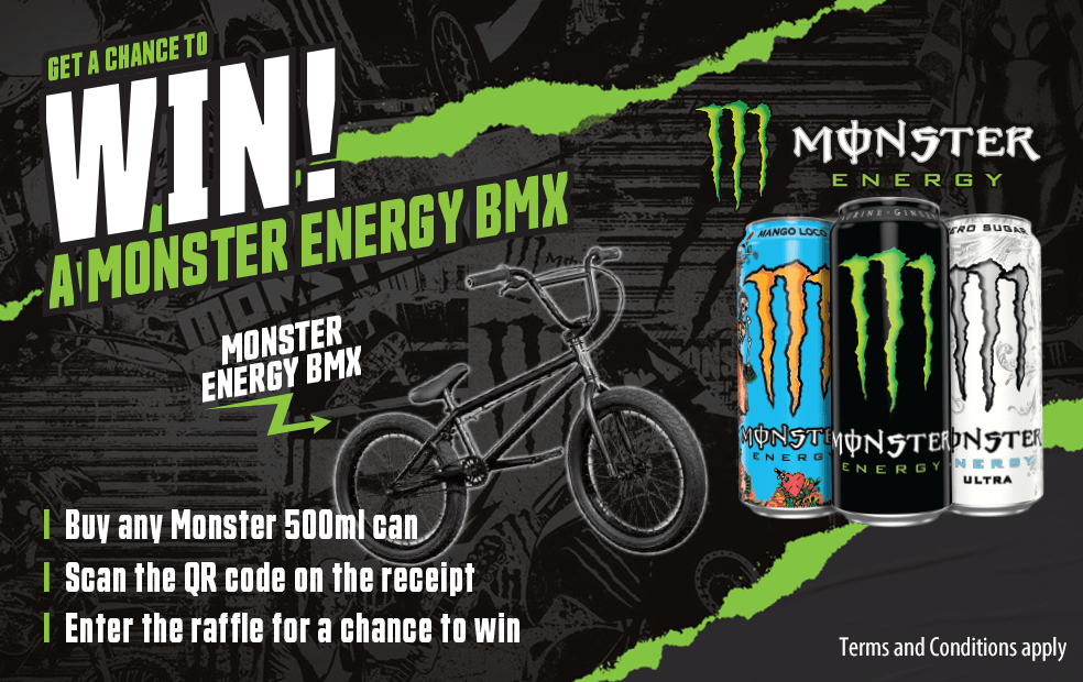 Buy any Monster 500ml can, and stand a chance to win 10 BMX cycles.